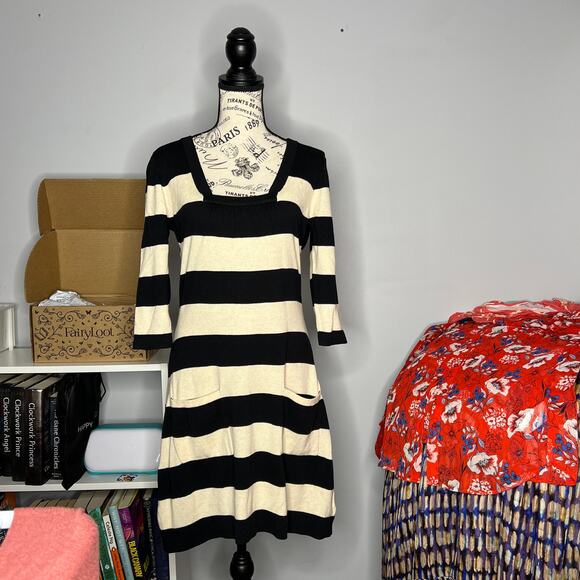 Pink Rose (M) Square Neck 1/2 Sleeve Sweater Dress Wide Stripe Two Pocket - Picture 12 of 12